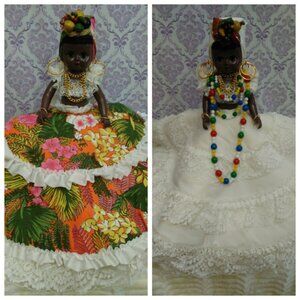 Vintage Topsy Turvy Doll Brazilian Caribbean Carmen Miranda Green Blinking Eyes